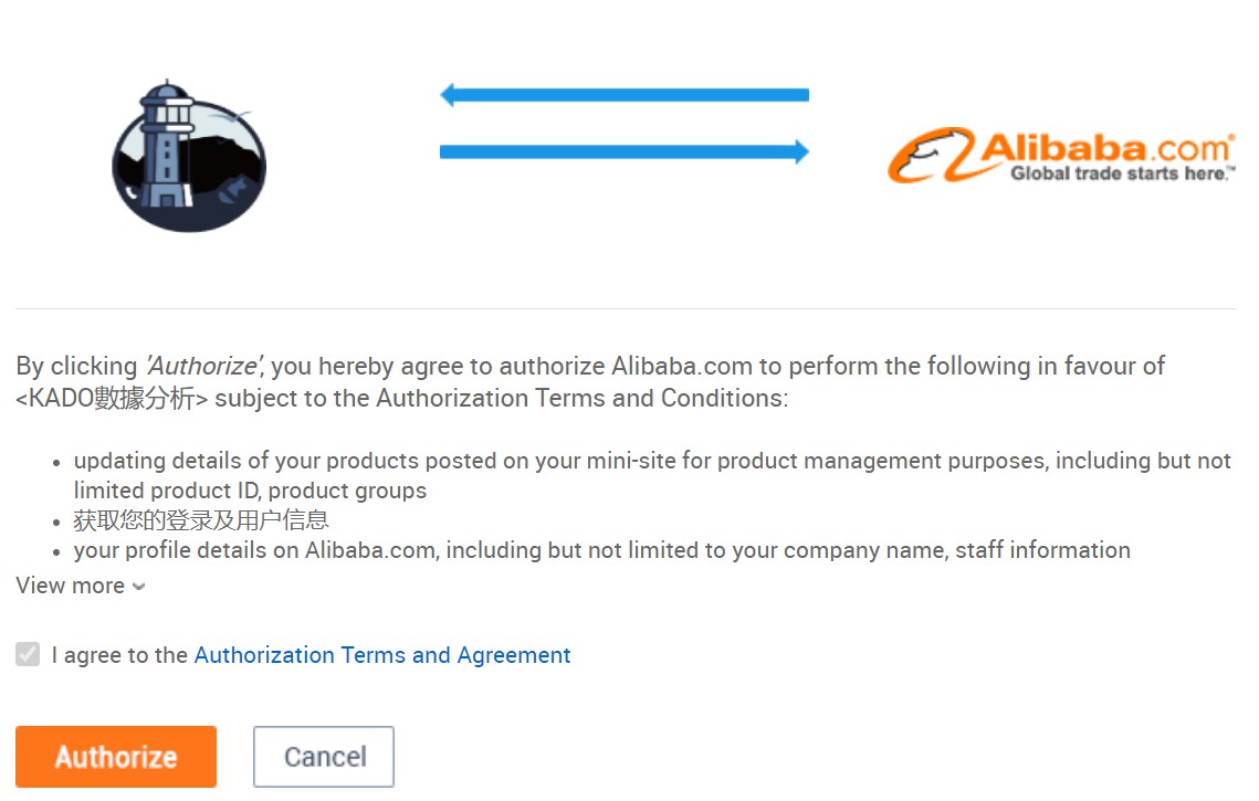 BEAMGO系統,阿里巴巴國際站授權畫面